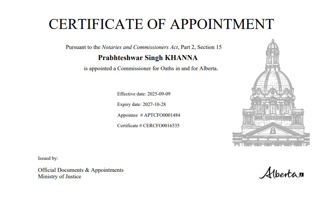 Commissioner for Oaths in and for Alberta
