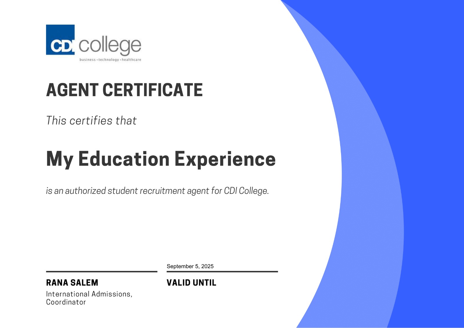 Certificate of Representation - CDI College