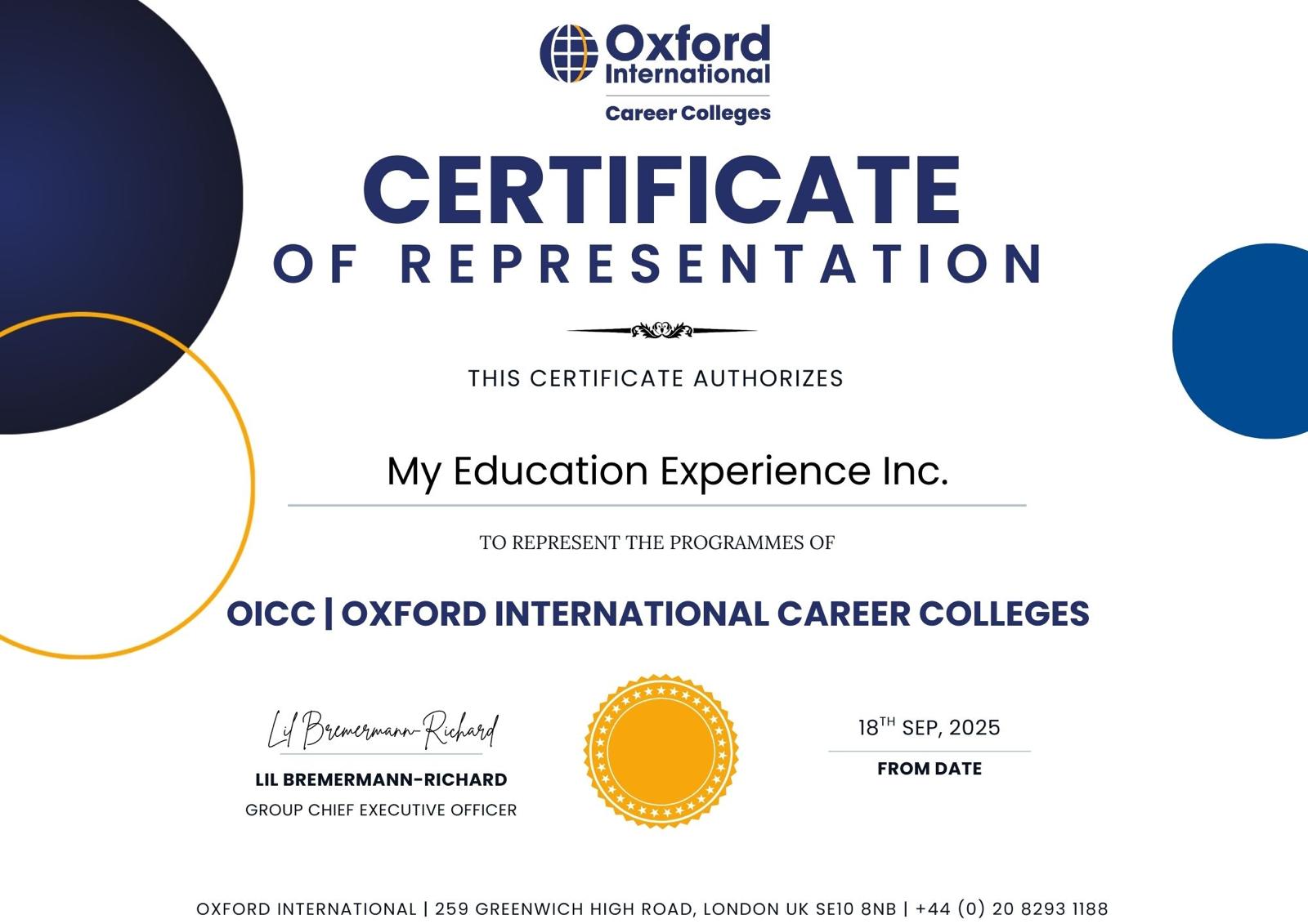 Certificate of Representation - Oxford International