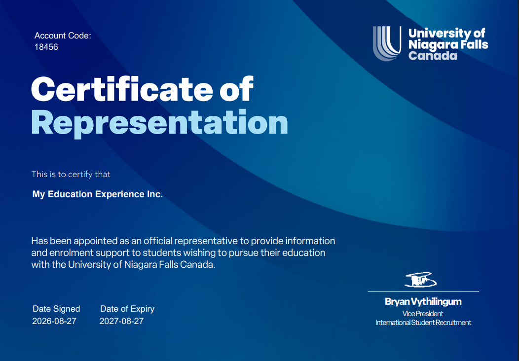 Certificate of Representation - University of Niagara Falls Canada